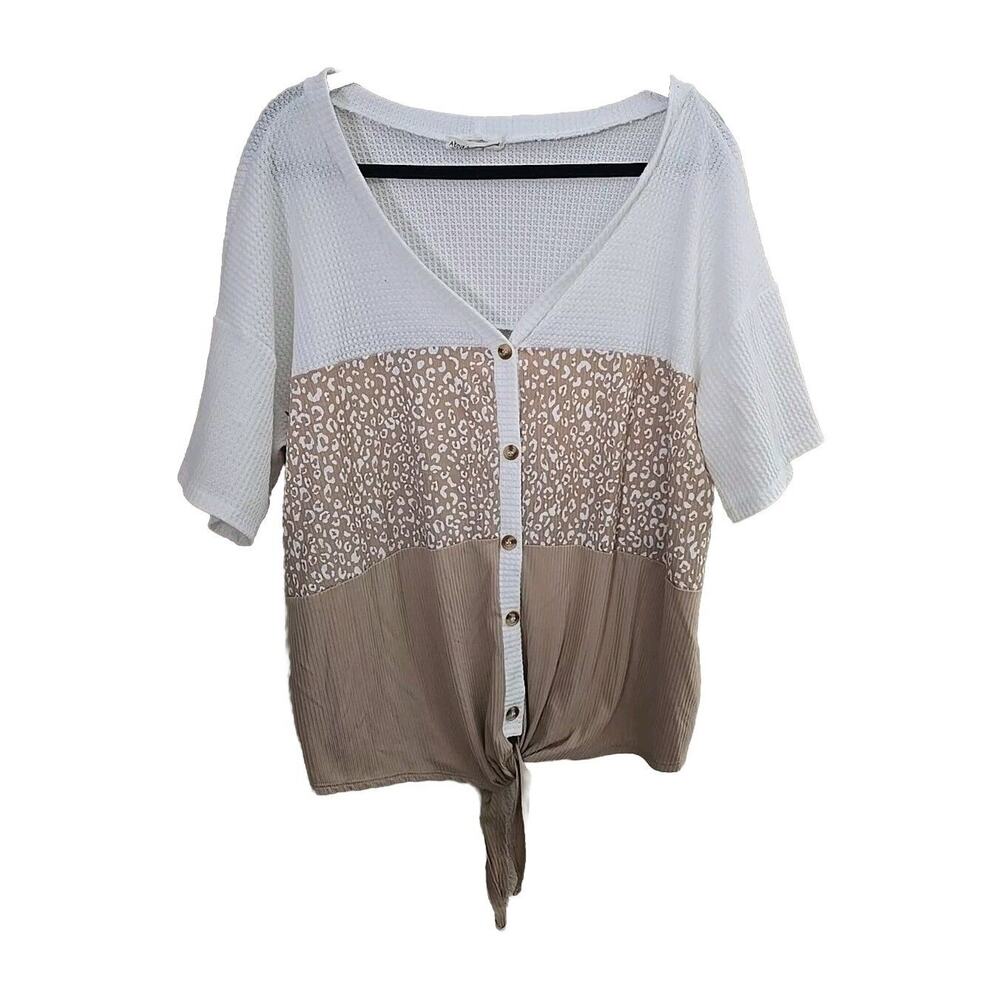Above & Beyond Tan V-Neck Waffle Knit Front Tie Short Sleeve‎ Top Womans Size 3X